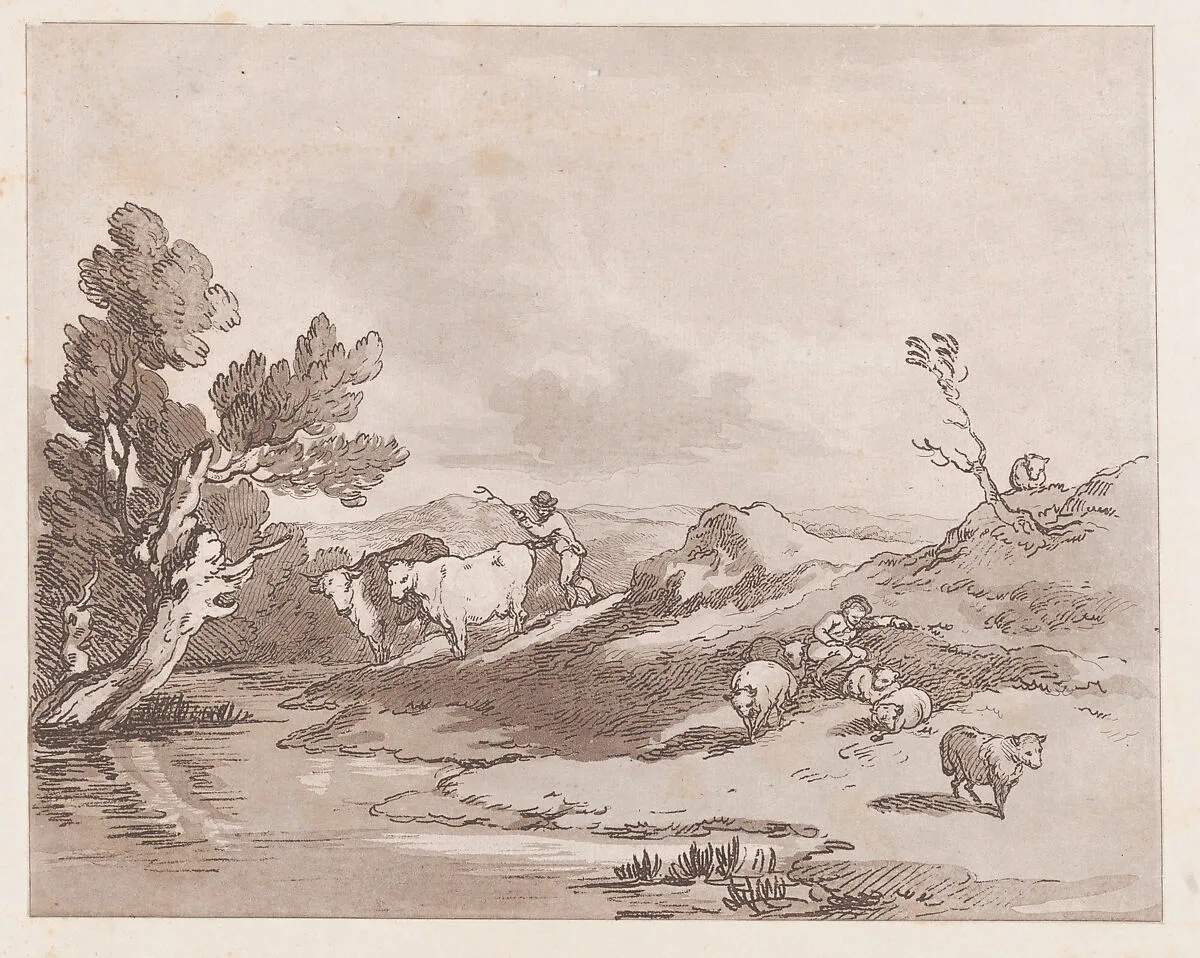 Landscape with a Figure Herding Cattle to Water — Thomas Gainsborough|Thomas Rowlandson|John Thane|Carl Friedrich Abel