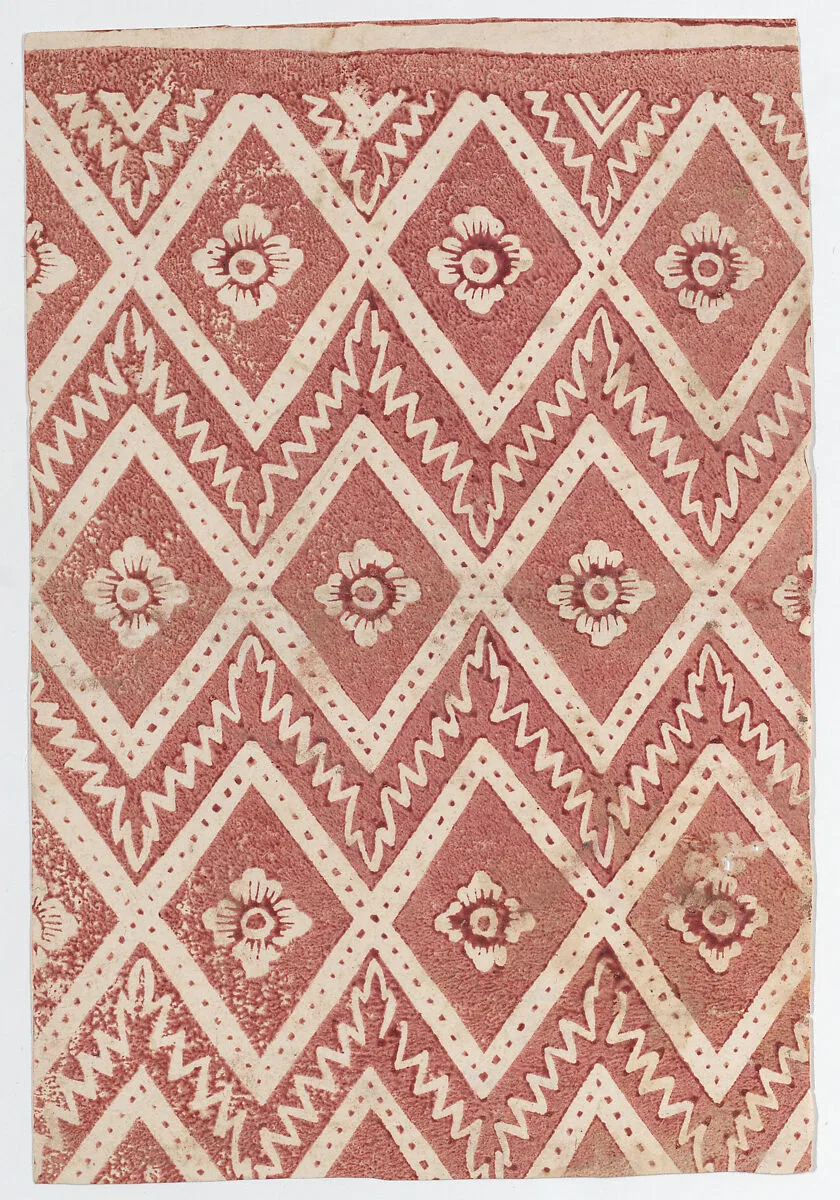 Sheet with red diamond and zigzag pattern — Anonymous