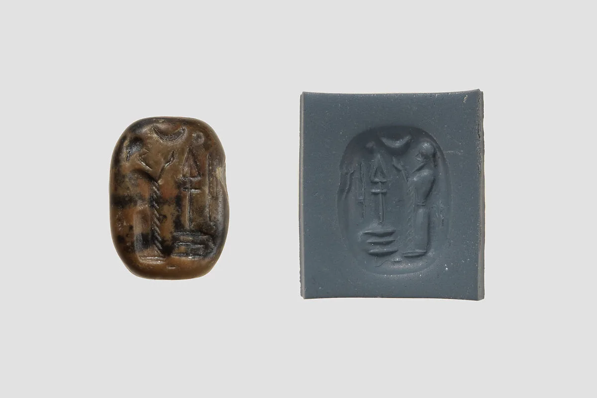 Stamp seal (octagonal pyramid, worn) with cultic scene — Unknown