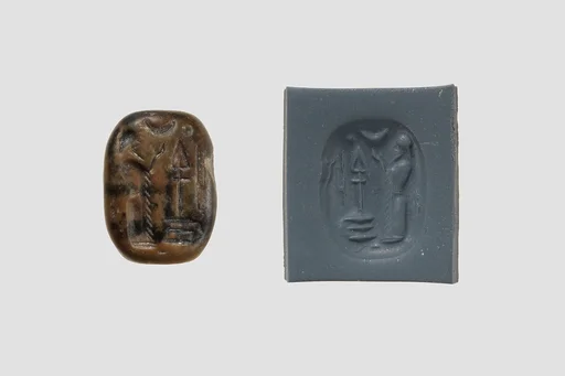 Stamp seal (octagonal pyramid, worn) with cultic scene