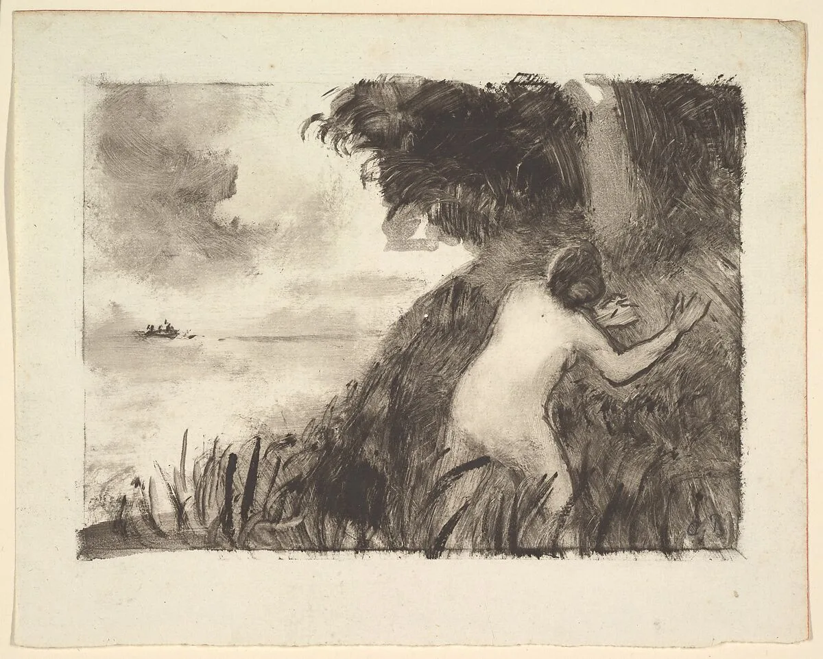Bather Standing Among Grasses at the Shore — Camille Pissarro