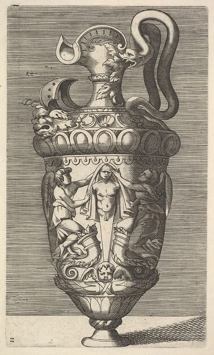 Vase with Two Winged Figures Draping a Term — Claes Jansz. Visscher|René Boyvin|Polidoro da Caravaggio|Rosso Fiorentino|Frederick de Wit