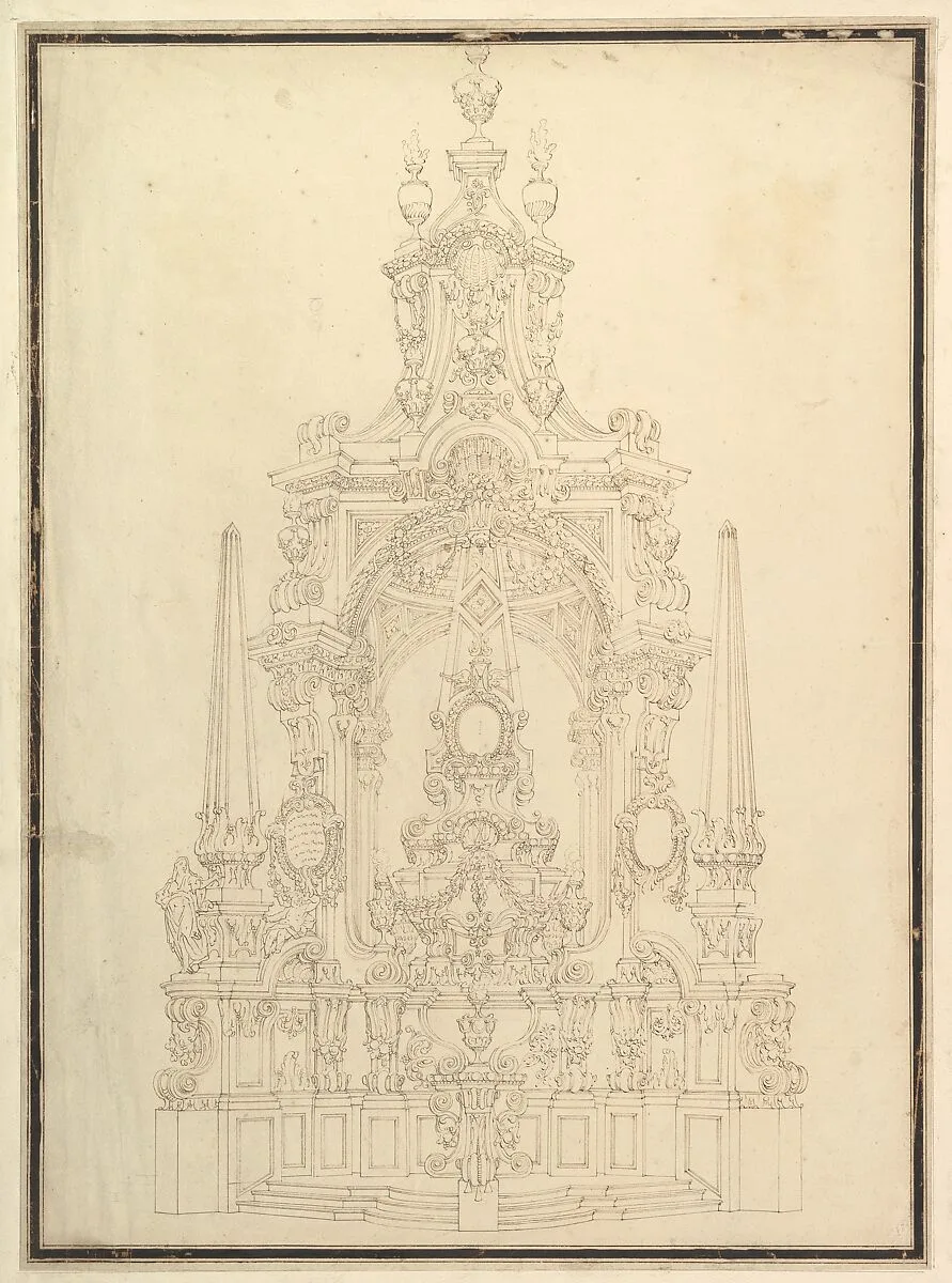 Elevation of a Catafalque: Obelisks at the Corners and One in Center — Giuseppe Galli Bibiena