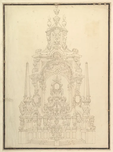 Elevation of a Catafalque: Obelisks at the Corners and One in Center