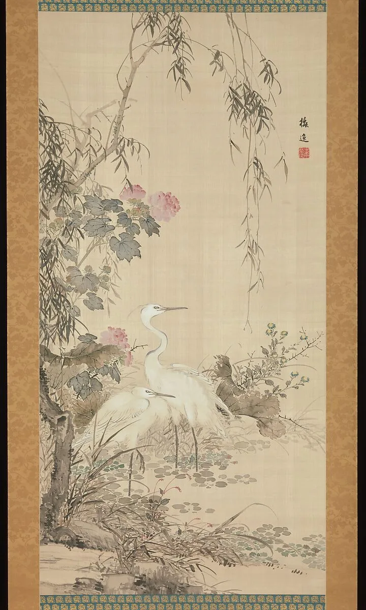 山本梅逸筆 柳鷺図|Egrets, Peonies, and Willows — Yamamoto Baiitsu