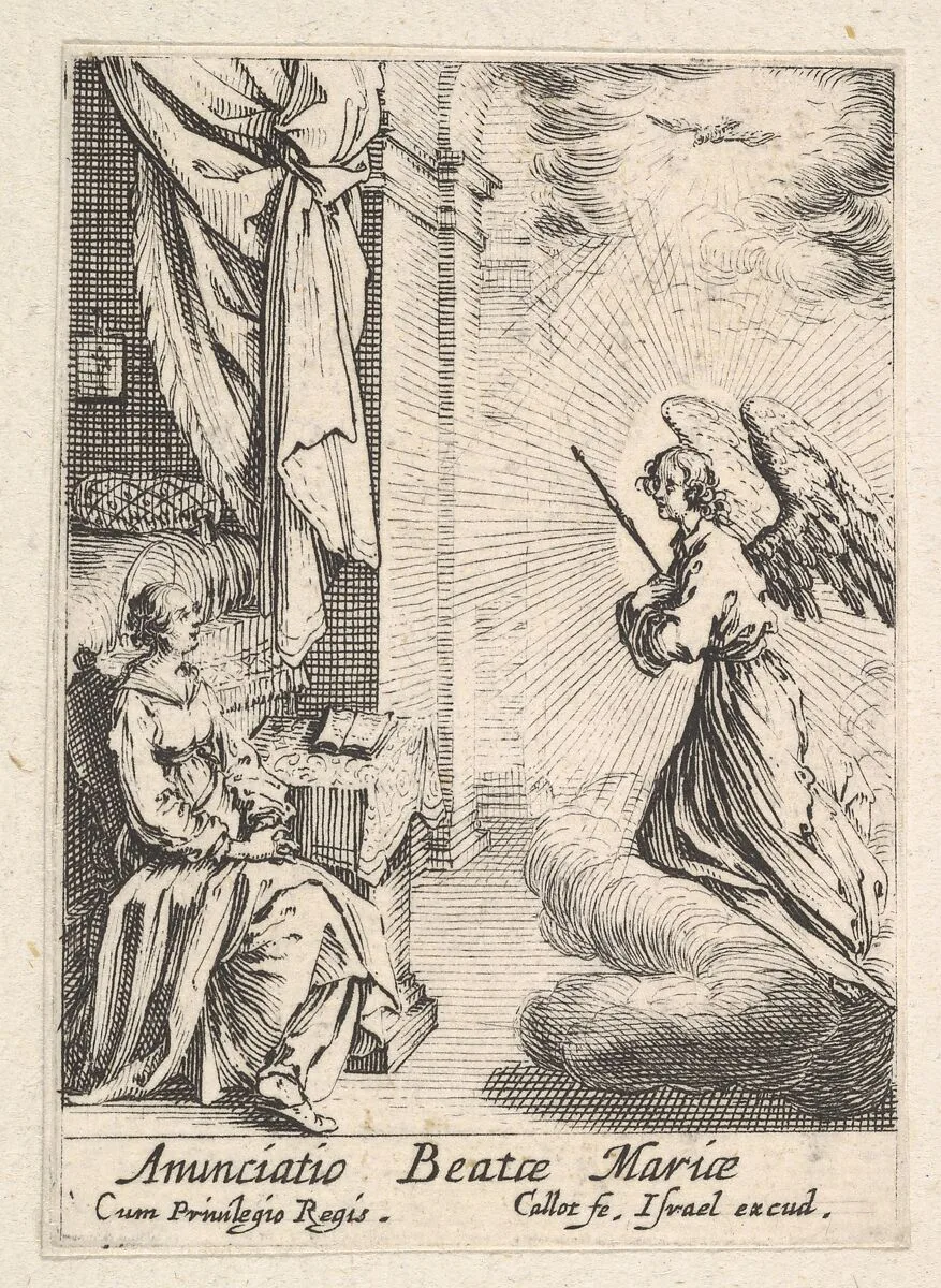 Annunciation, with angel approaching the seated Mary from the left, and the dove of the Holy Spirit above — Jacques Callot