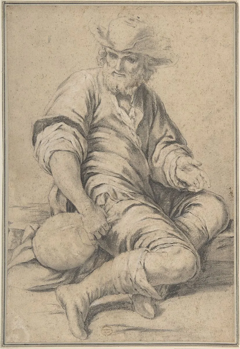 Seated Man Holding a Jug — Anonymous, Italian, Roman-Bolognese, 17th century