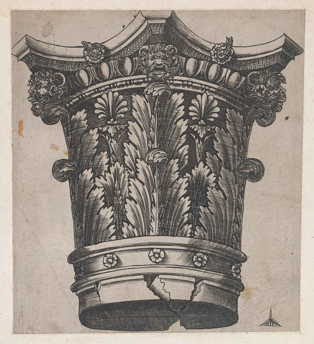 Speculum Romanae Magnificentiae: Capital with heads and masks — Monogrammist G.A. & the Caltrop