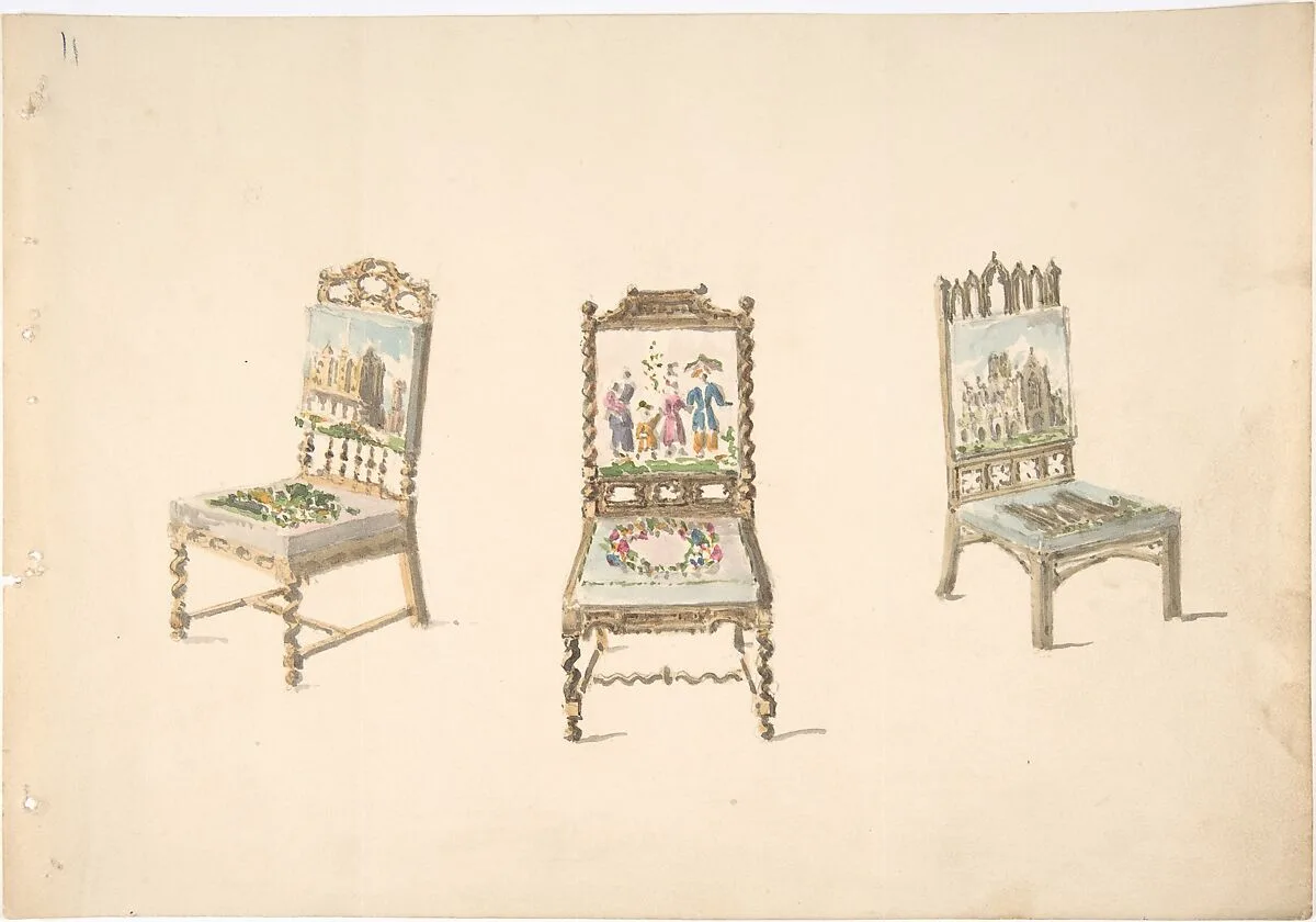 Design for Three Chairs with Pictorial Upholstery — Anonymous, British, 19th century
