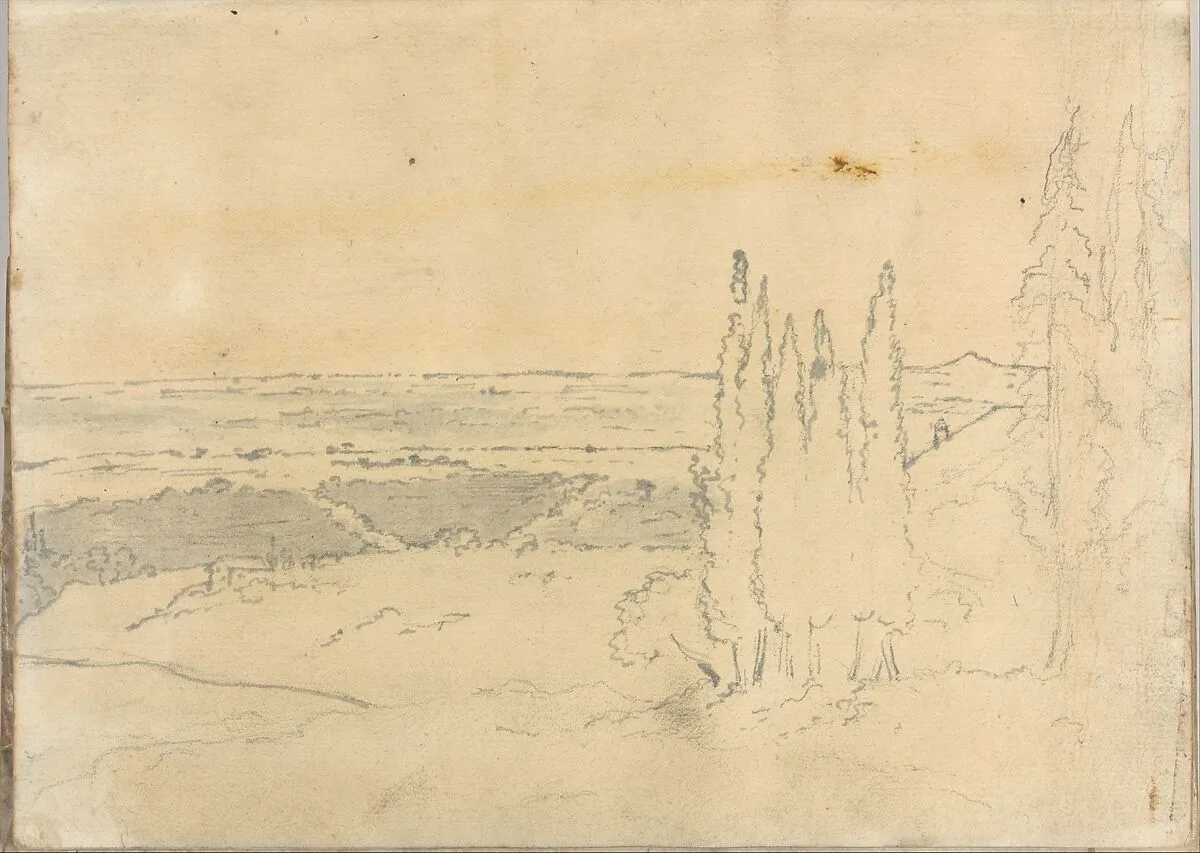 Landscape with Cedars and Buildings (Smaller Italian Sketchbook, leaf 24 recto) — Joseph Wright (Wright of Derby)
