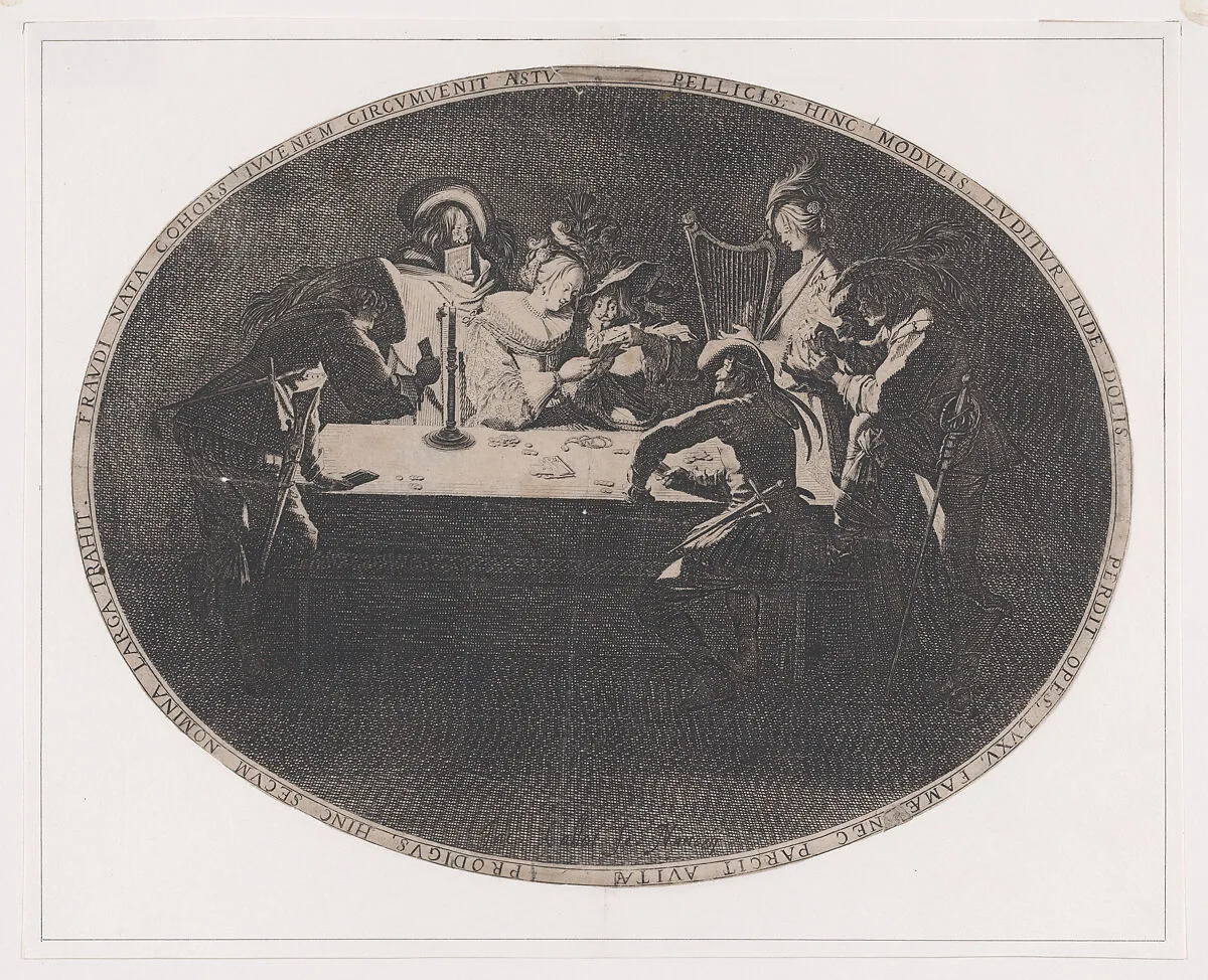Le Brelan, pièce appelée aussi Les Joueurs de Cartes et L'Enfant Produgue Trompé par une Troupe de Filous (Three of a Kind, also called The Card Players and The Prodigal Son Tricked by a Group of Thieves) — Jacques Callot