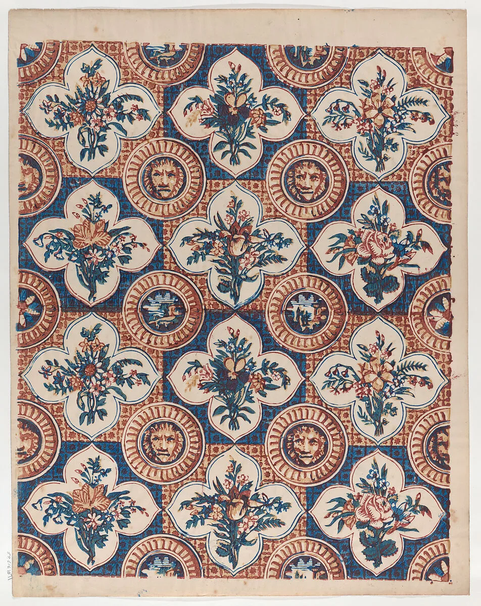 Sheet with pattern of bouquets and lion heads — Anonymous|Remondini Family
