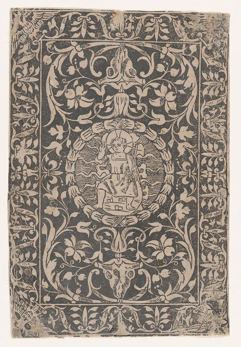 Christ as a child, seated, right hand raised in gesture of blessing, surrounded by elaborate ornament — Anonymous, Italian, 15th to 16th century