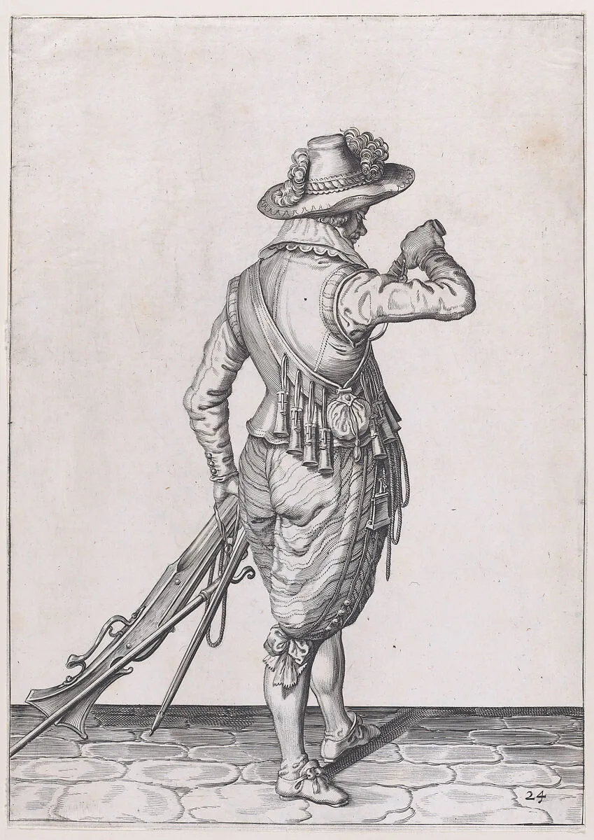 A soldier charging his musket, from the Musketeers series, plate 24, in Waffenhandlung von den Rören Musquetten undt Spiessen / Wapenhandelinghe van Roers Musquetten ende Spiessen (The Exercise of Arms) — Jacques de Gheyn II|Jacques de Gheyn II|Robert Willemsz de Baudous