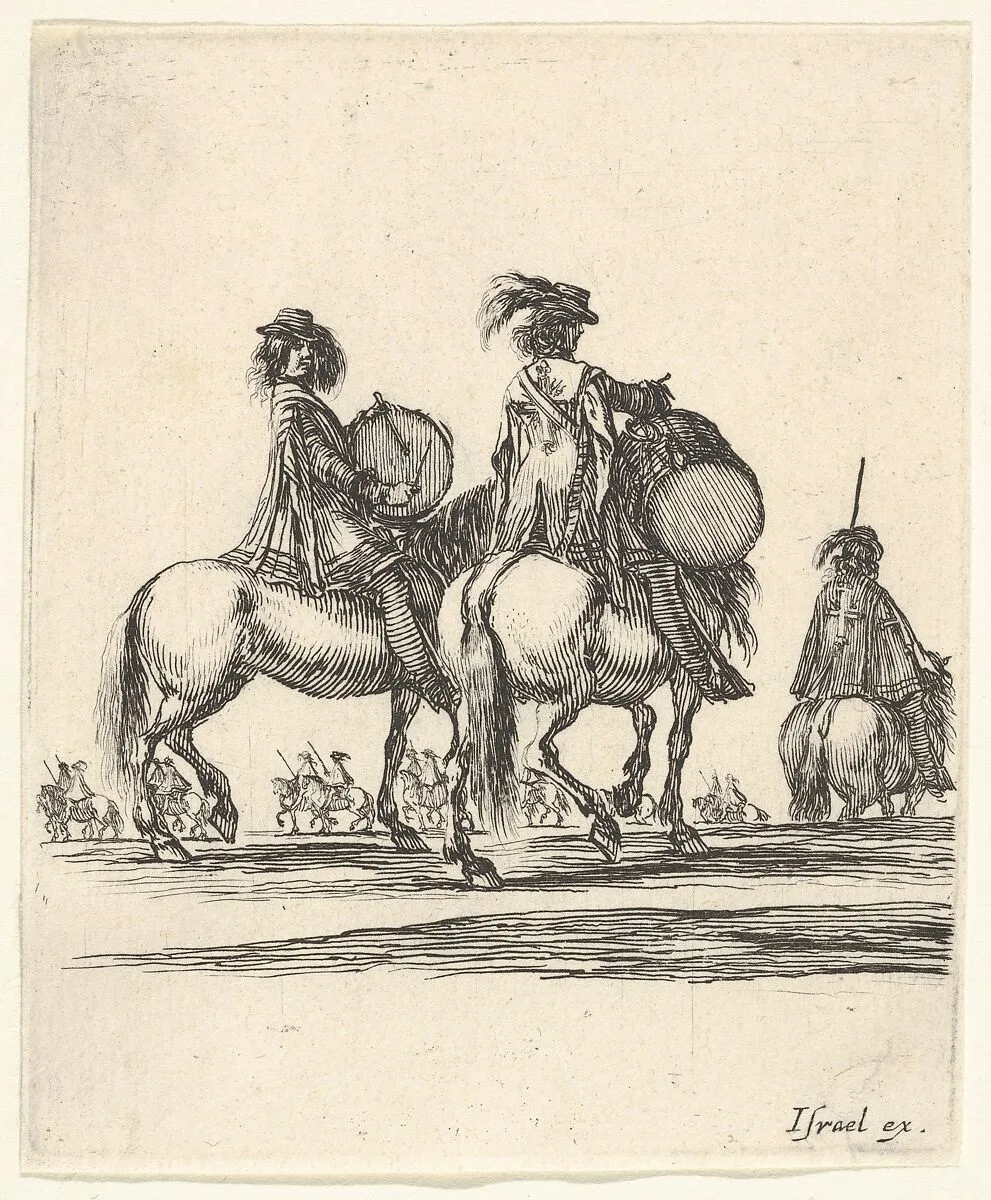 Two muskateers with drums on horseback following a procession to the right, from 'Various cavalry exercises' (Diverses exercices de cavalerie) — Stefano della Bella|Israël Henriet