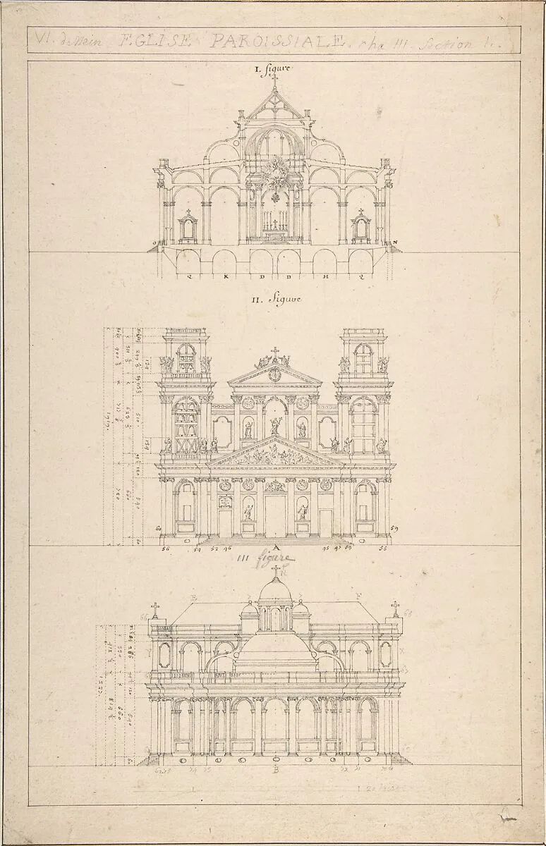 Drawing of Interior, Façade, and Rear of Church — Jacques Germain Soufflot