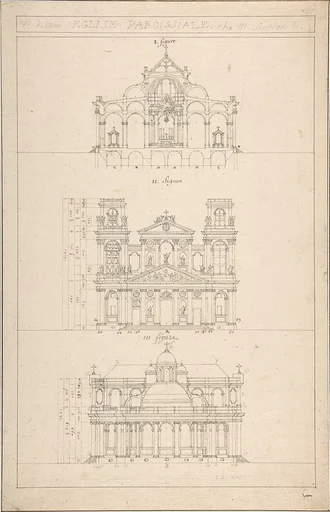 Drawing of Interior, Façade, and Rear of Church