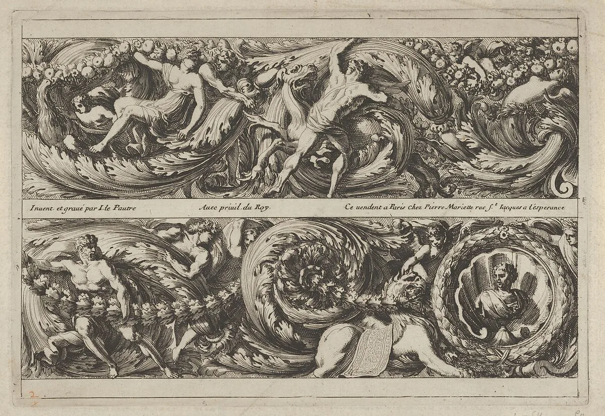 Two Designs for Friezes with Acanthus Scrolls from: Frises, Feuillages ou Tritons Marins à la romaine — Jean Le Pautre|Pierre Mariette le fils