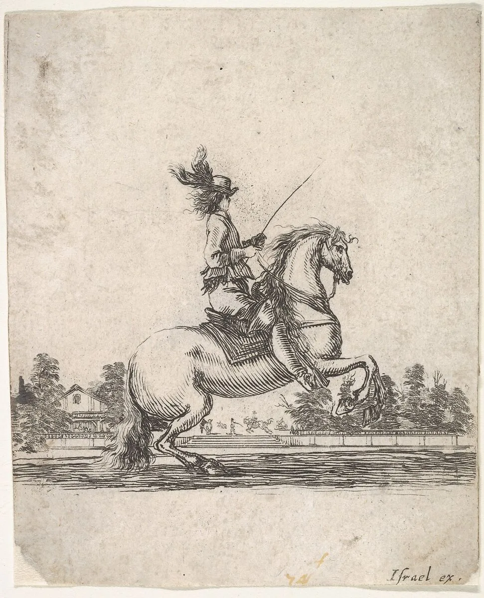 A horseman atop a rearing horse, in profile and turned towards the right, gardens in the background, from 'Various cavalry exercises' (Diverses exercices de cavalerie) — Stefano della Bella|Israël Henriet