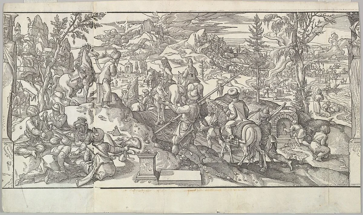 Turkish Soldiers at Rest from the frieze Ces Moeurs et fachons de faire de Turcz (Customs and Fashions of the Turks) — Pieter Coecke van Aelst|Mayken Verhulst