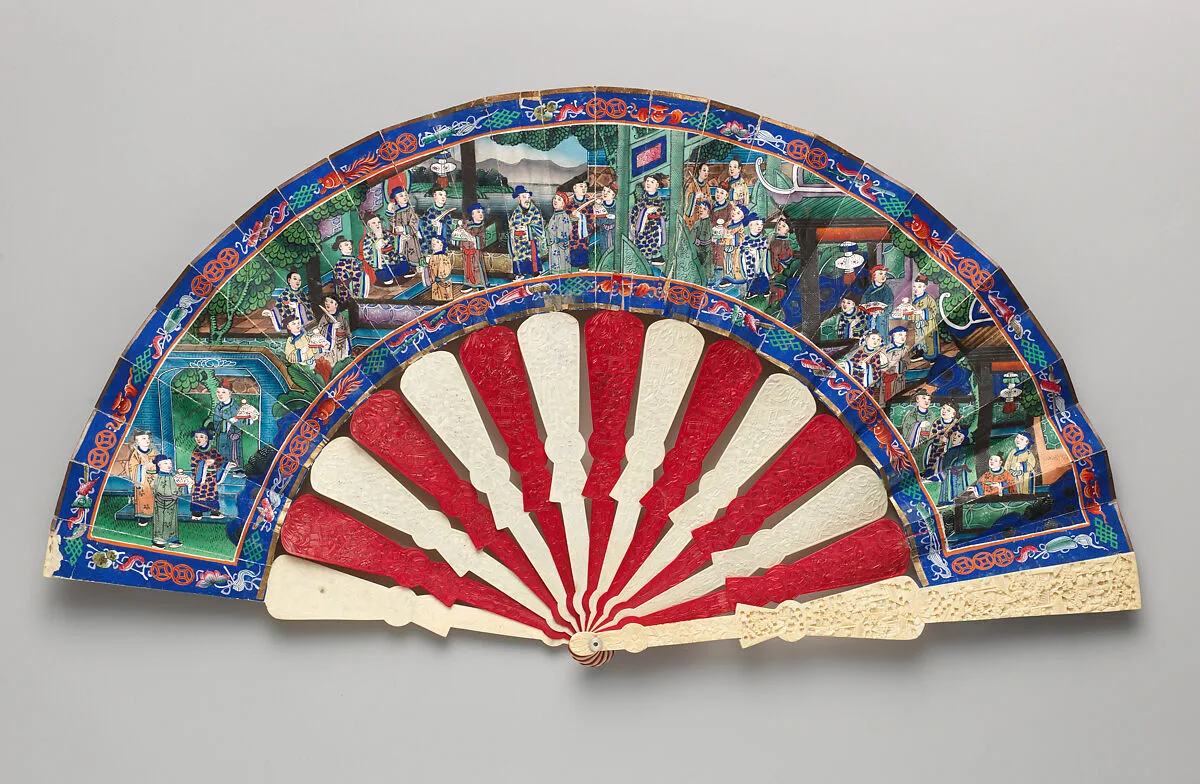 Folding Fan with Scene of Figures in a Courtyard Garden — Unknown