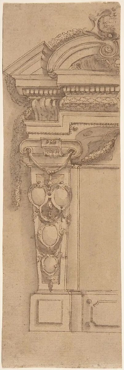 Left Half Design for Wall Monument with Escutcheon Motif — Anonymous, Italian, 17th century