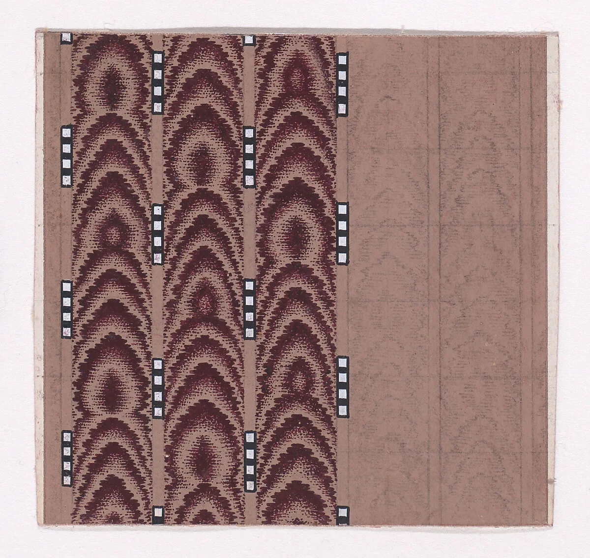 Textile Design of Vertical Stripes of Overlapping Scales Simulating Tie-Dye Framed by Alternating Vertical Strings of Squares — Anonymous, Alsatian, 19th century