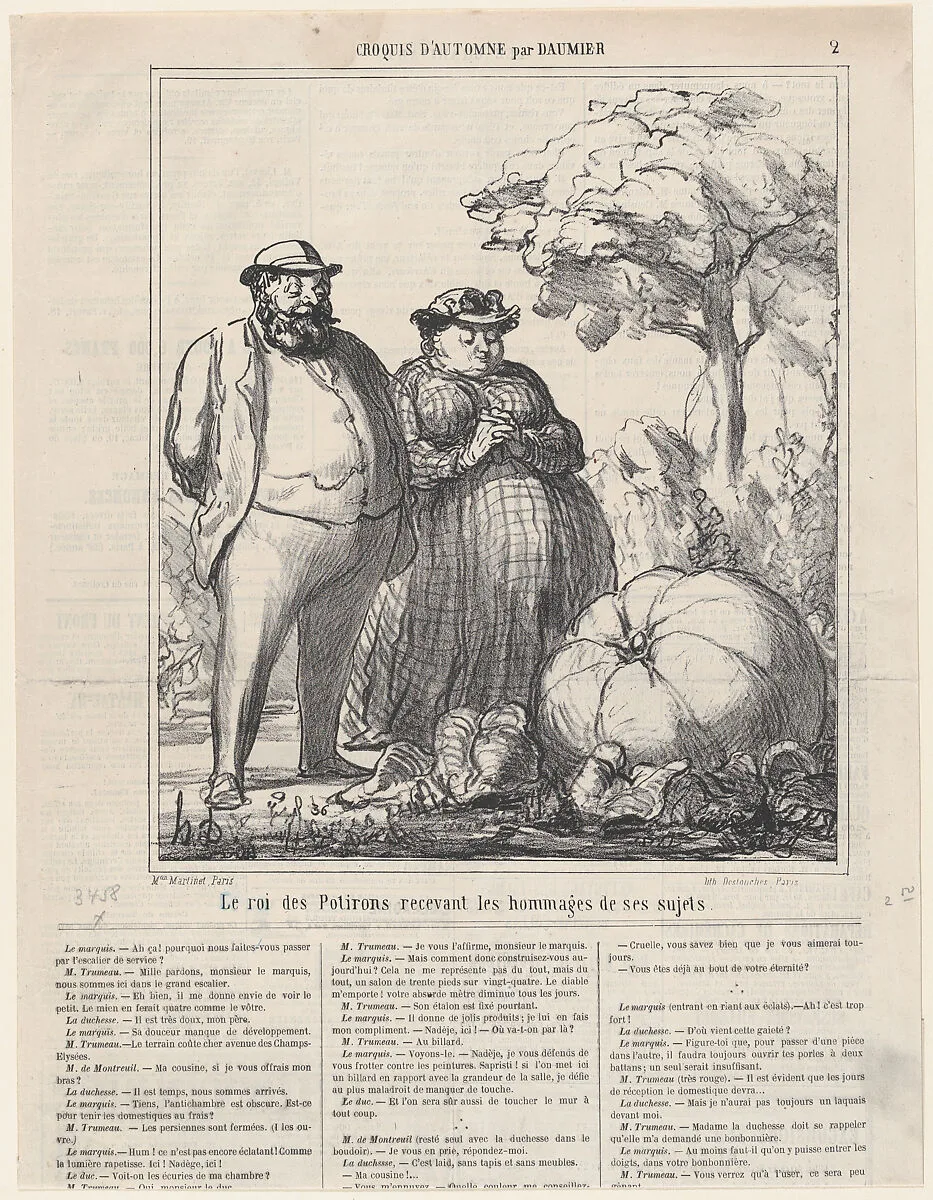 The king of pumpkins receiving the homage of his subjects, from 'Autumn sketches,' published in Le Charivari, September 23, 1865 — Destouches|Honoré Daumier|Aaron Martinet