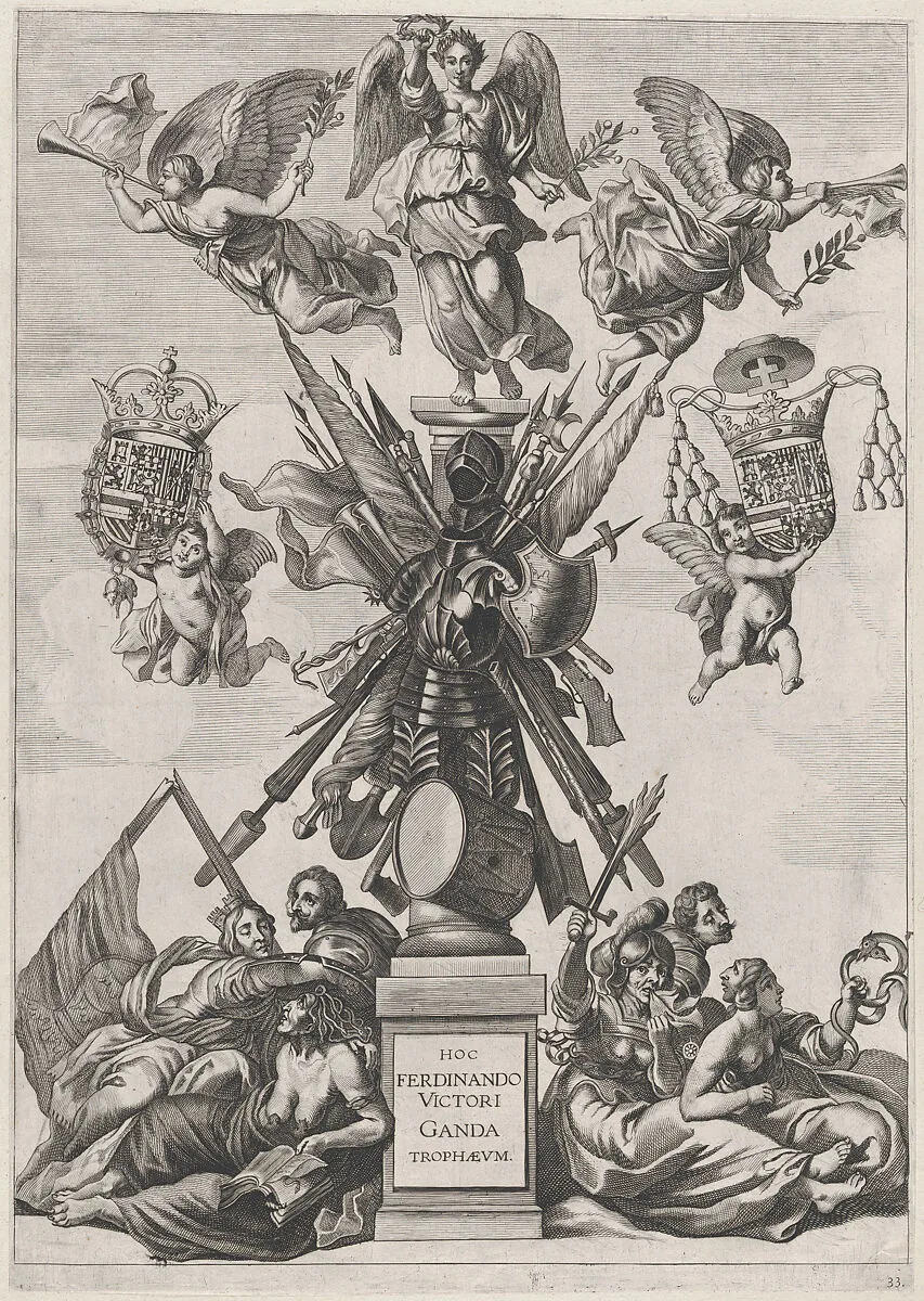 Plate 33: Armorial trophy on a Tuscan column, surrounded by allegorical figures and cherubs bearing the armorial shields of Ferdinand; from Guillielmus Becanus's 'Serenissimi Principis Ferdinandi, Hispaniarum Infantis...' — Johannes Meursius