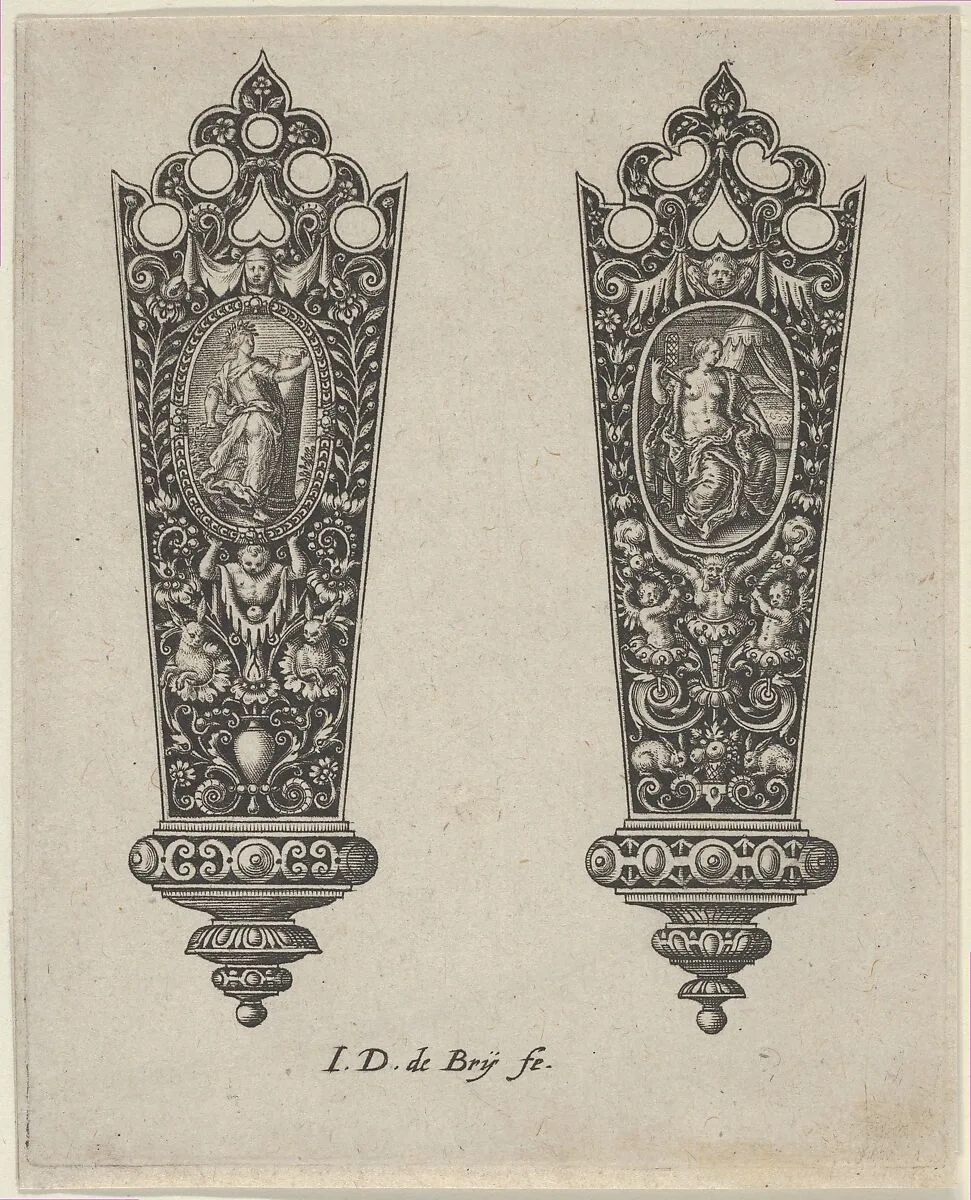 Design for Knife Handles with Ovals Containing Fortitude and the Death of Lucretia — Johann Theodor de Bry