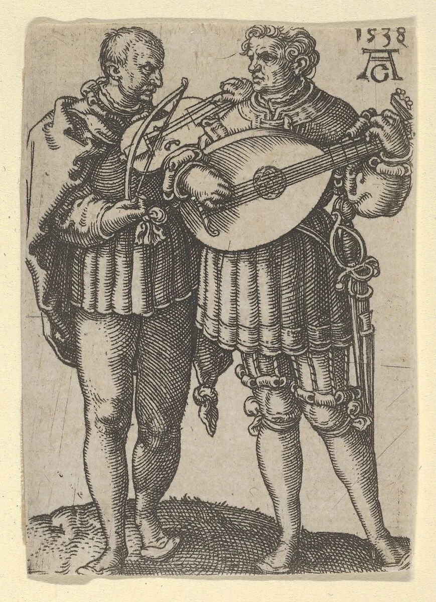Two Musicians Playing the Violin and the Lute, from "The Small Wedding Dancers" — Heinrich Aldegrever