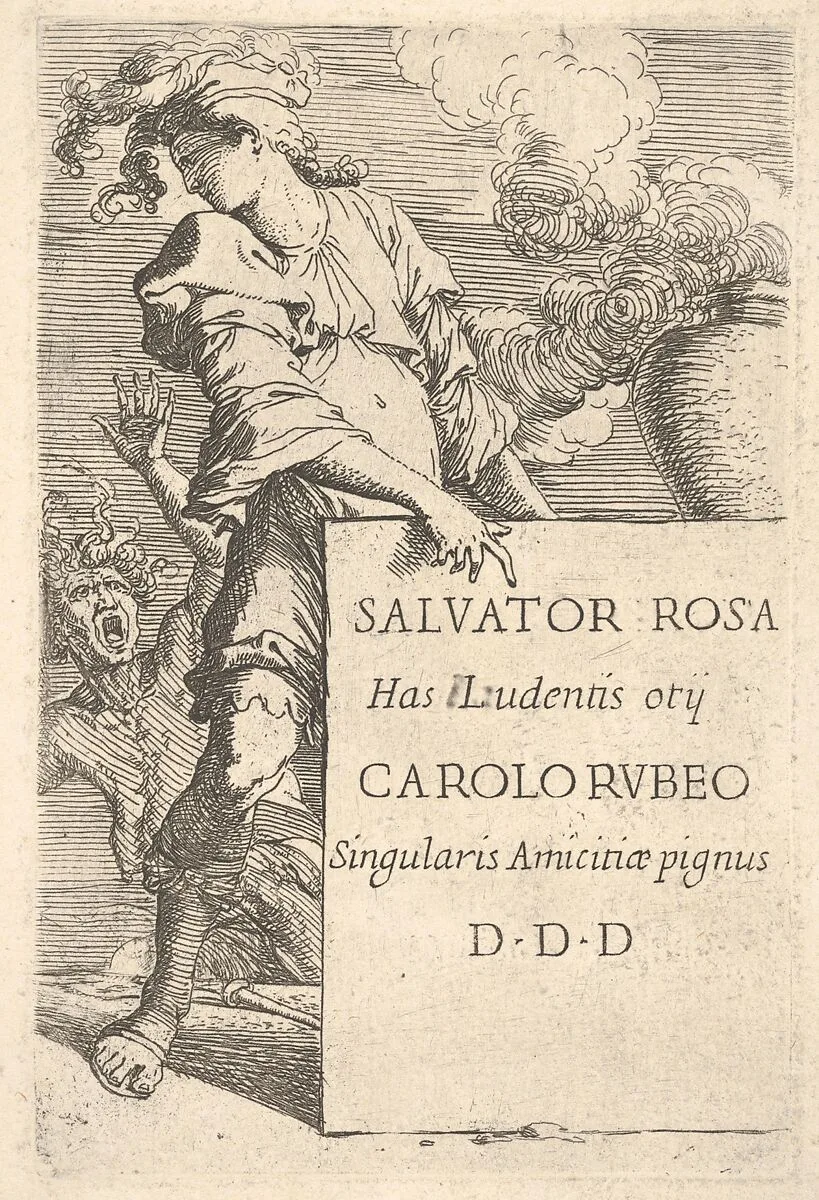 A man wearing a plumed hat pointing at an inscribed block while looking over his right shoulder at a screaming man, frontispiece for 'Figurine' — Salvator Rosa