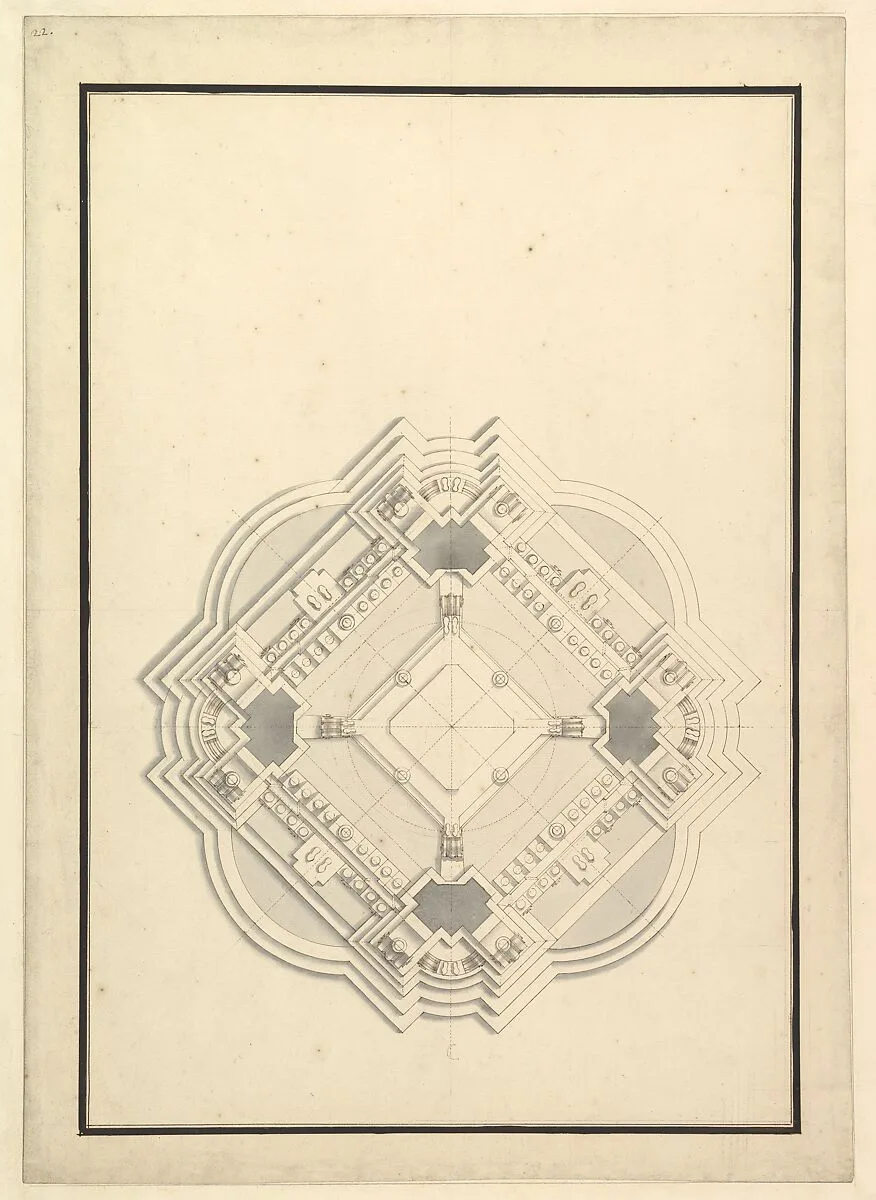Ground Plan for a Catafalque for Louis I, King of Spain (reigned only a few months, died 1724) — Giuseppe Galli Bibiena
