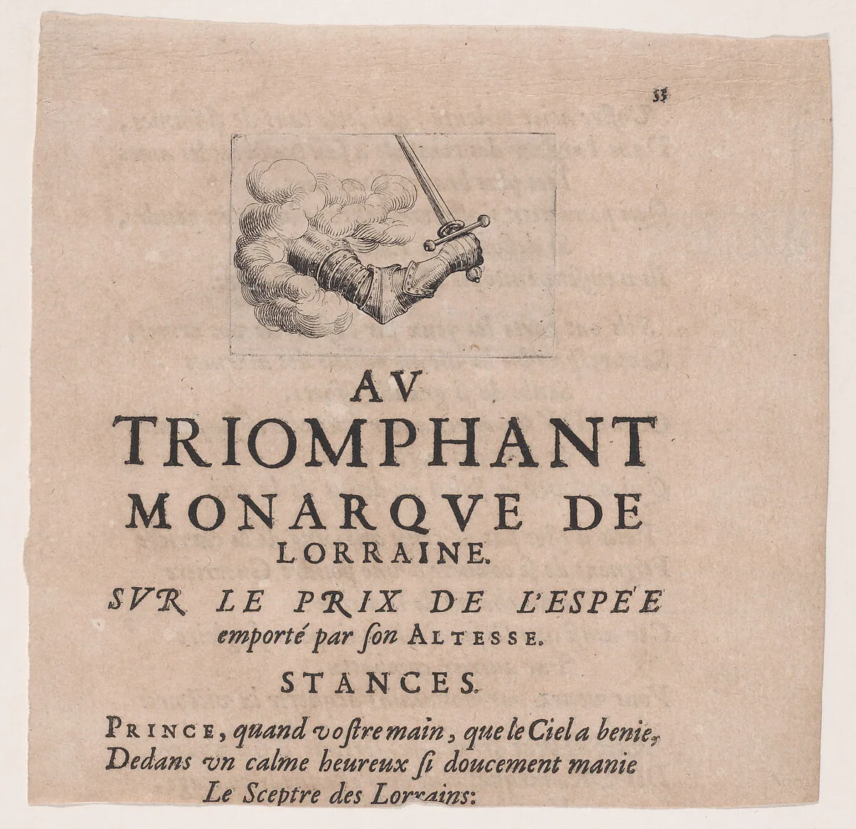 Arm Emerging from a Cloud Holding a Sword, from Le Combat a la Barrière in the Palace at Nancy by Henri Humbert, printed by Sebastien Phillipe — Jacques Callot|Henri Humbert