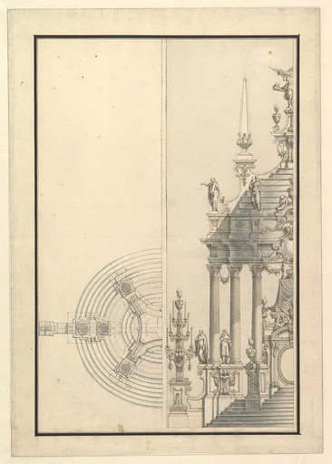 Half Elevation and Half Ground Plan for a Catafalque: Columns Supporting a Stepped Dome with 2 Obelisks Surmounted by Figure of Fame