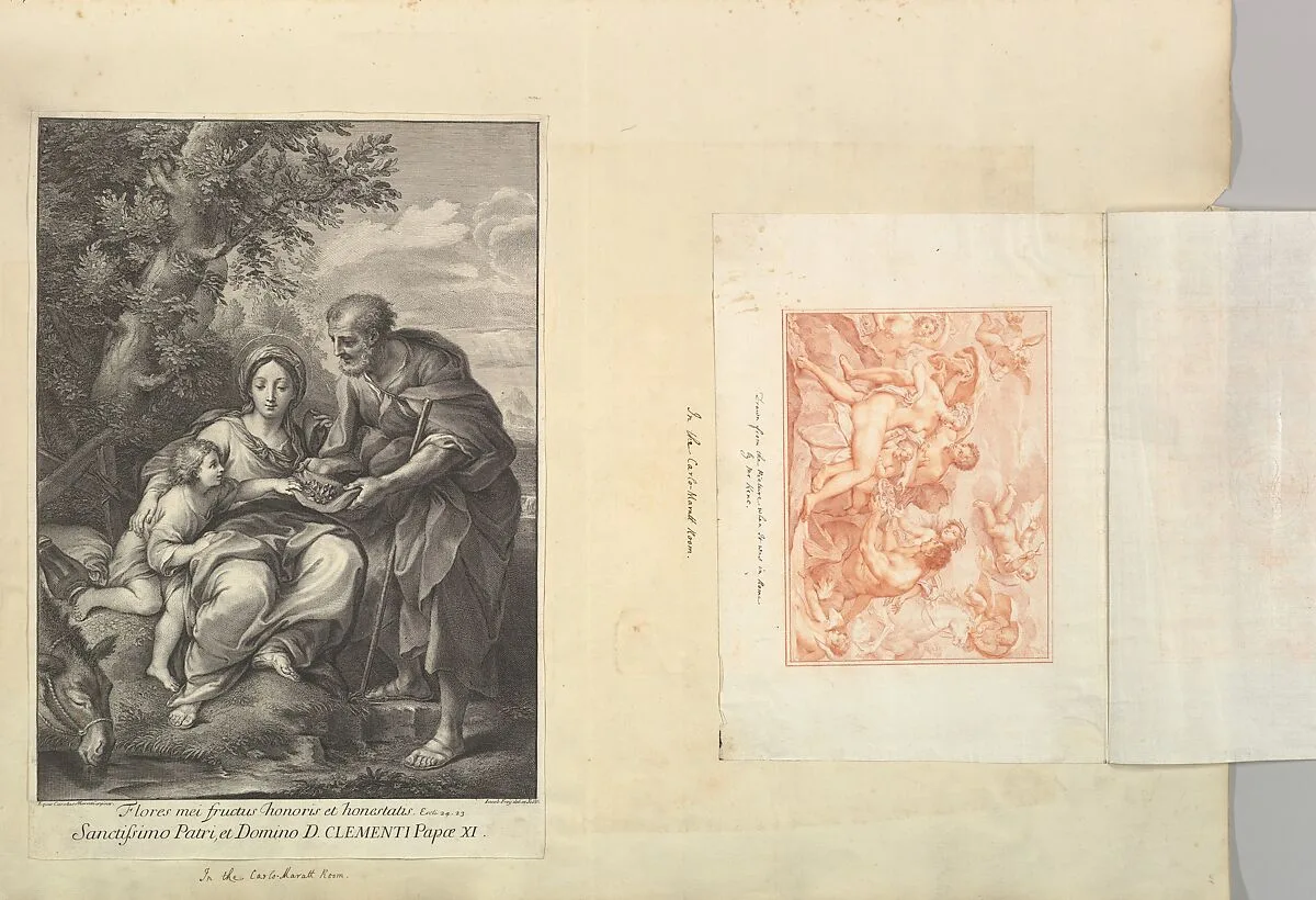 Leaf from Aedes Walpolianae mounted with a print and a drawing: (a): The Virgin and Joseph with the Young Jesus; (b): Acis and Galatea — Johann Jakob Frey the Elder|Carlo Maratti|William Kent|Carlo Maratti