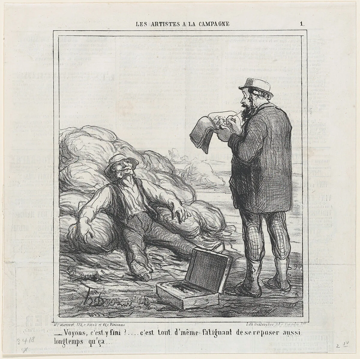 Well, are you finally finished?... after all, it's tiring to relax for such a long time, from 'The countryside artists,' published in Le Charivari, February 2, 1865 — Aaron Martinet|Destouches|Honoré Daumier