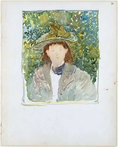 Large Boston Public Garden Sketchbook: A woman with red hair wearing a green plumed hat.