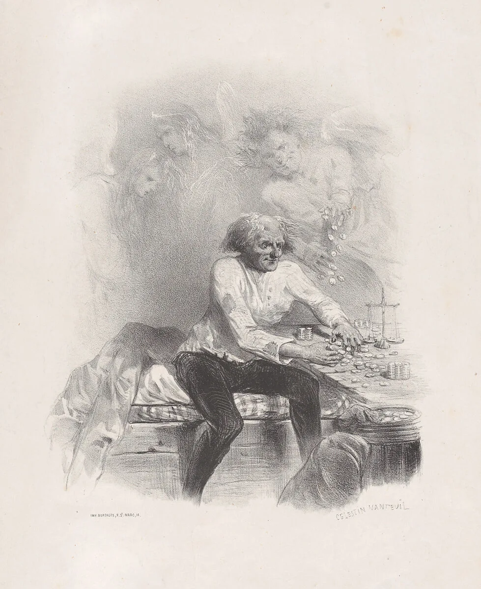 Old Man Counting Money at a Table with a Scale — Célestin Nanteuil|Bertauts, P. Cadet, Paris