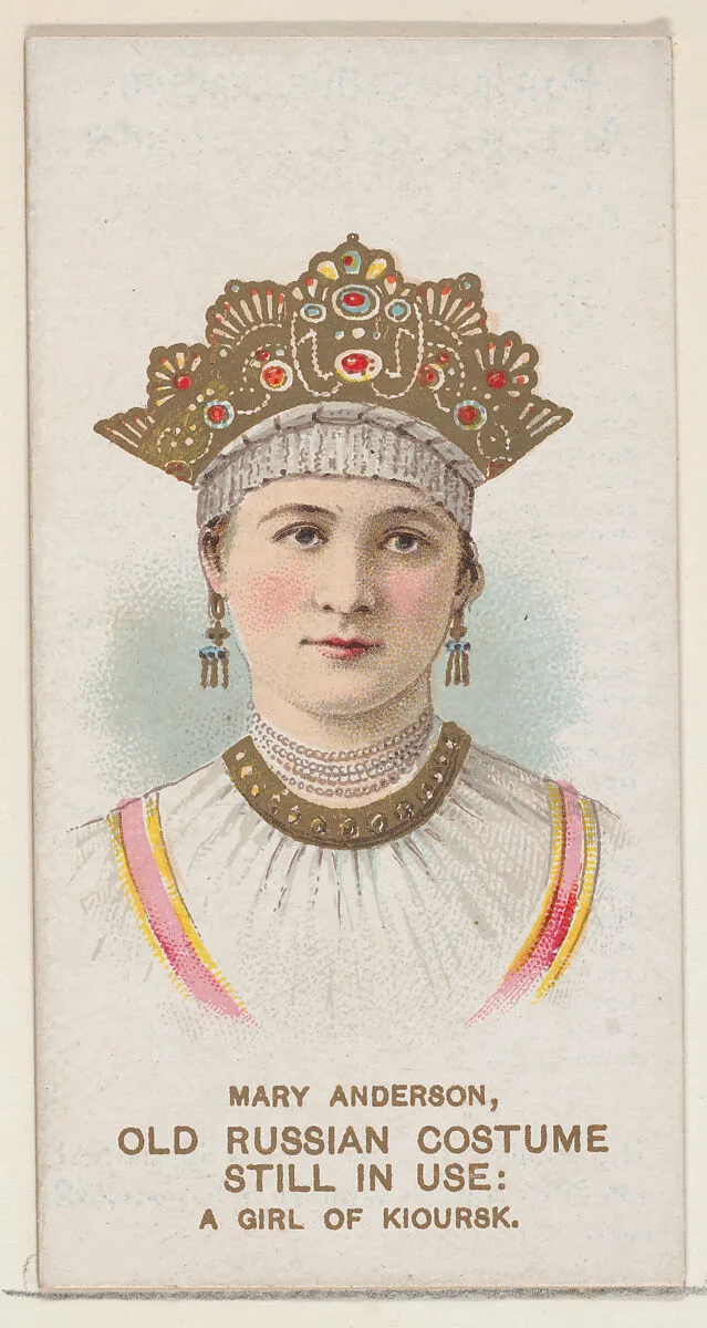 Mary Anderson in Old Russian Costume as a Girl of Kioursk, from the set Actors and Actresses, First Series (N70) for Duke brand cigarettes — W. Duke, Sons & Co.|Knapp & Company