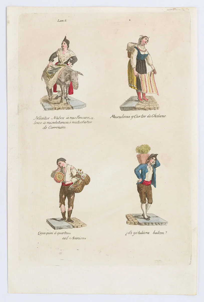 Plate 6: four street vendors from Madrid selling navitos, muslin, fans, plants, from 'Los Gritos de Madrid' (The Cries of Madrid) — Miguel Gamborino|Imprenta Real, Madrid
