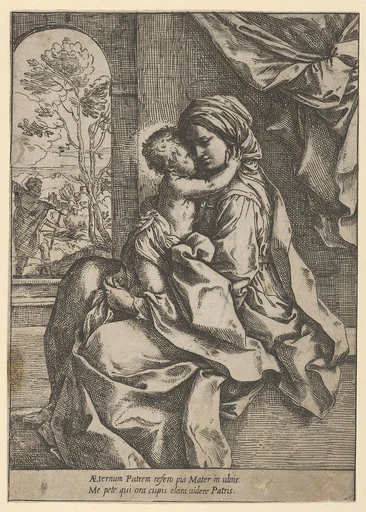The Virgin seated with the Christ Child on her lap embracing her, Joseph seen through an archway at left
