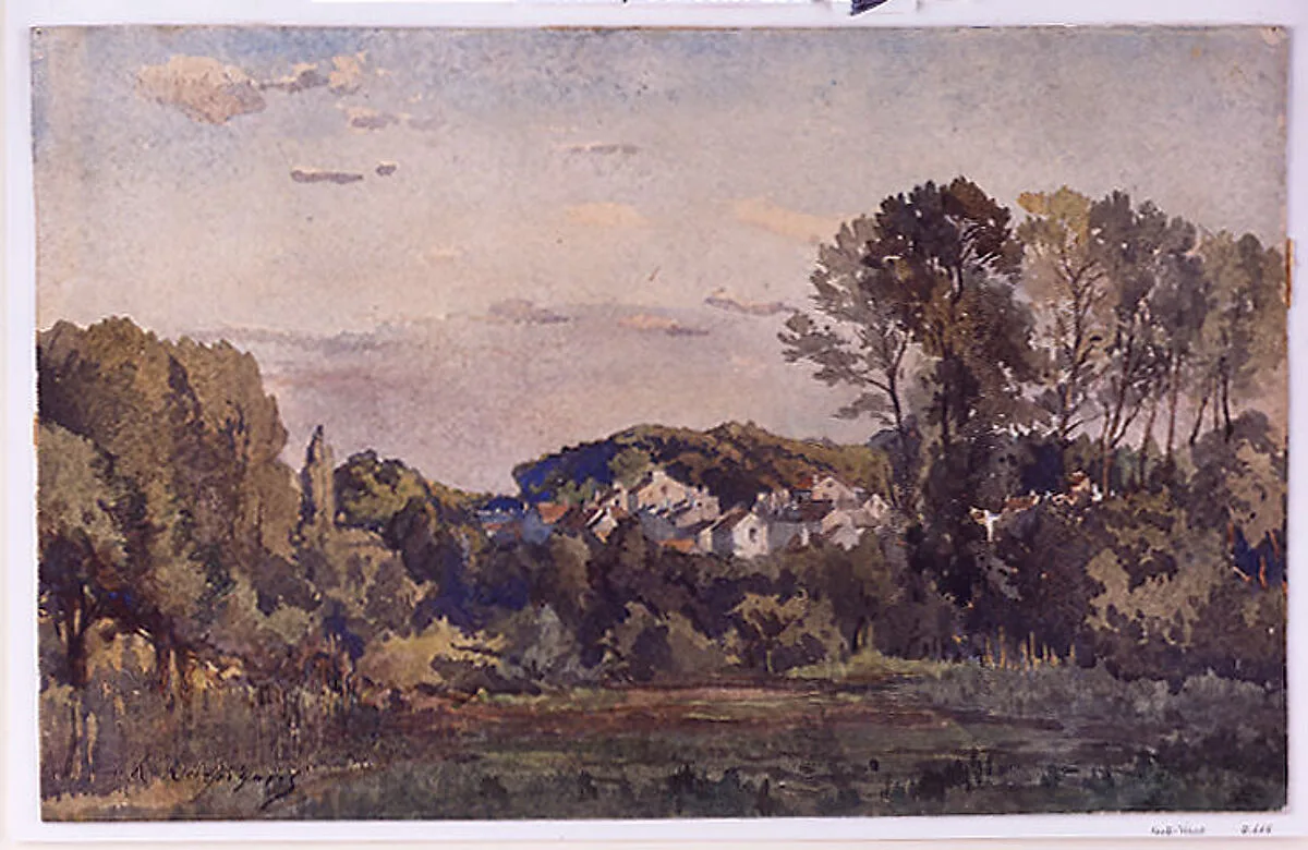 Landscape with a Distant Town (recto); Study of Trees around a Pond (verso) — Henri-Joseph Harpignies