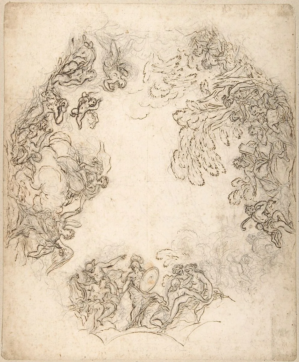 Design for a Ceiling Decoration: A Gathering of Mythological Figures (recto); Dancing Satyr and Two Seated Figures (verso) — Anton Domenico Gabbiani