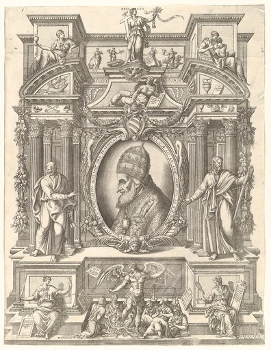 Bust portrait of Pope Pius V in profile facing left set within an elaborate architectural structure upon which sit allegorical figures including Faith, Charity and Religion above and Justice and Prudence below who flank St Michael