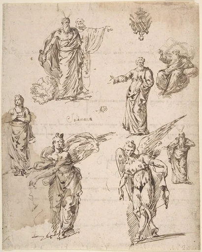 Sheet of Studies with Angels and Religious Figures (recto); Draft of a Letter (verso)