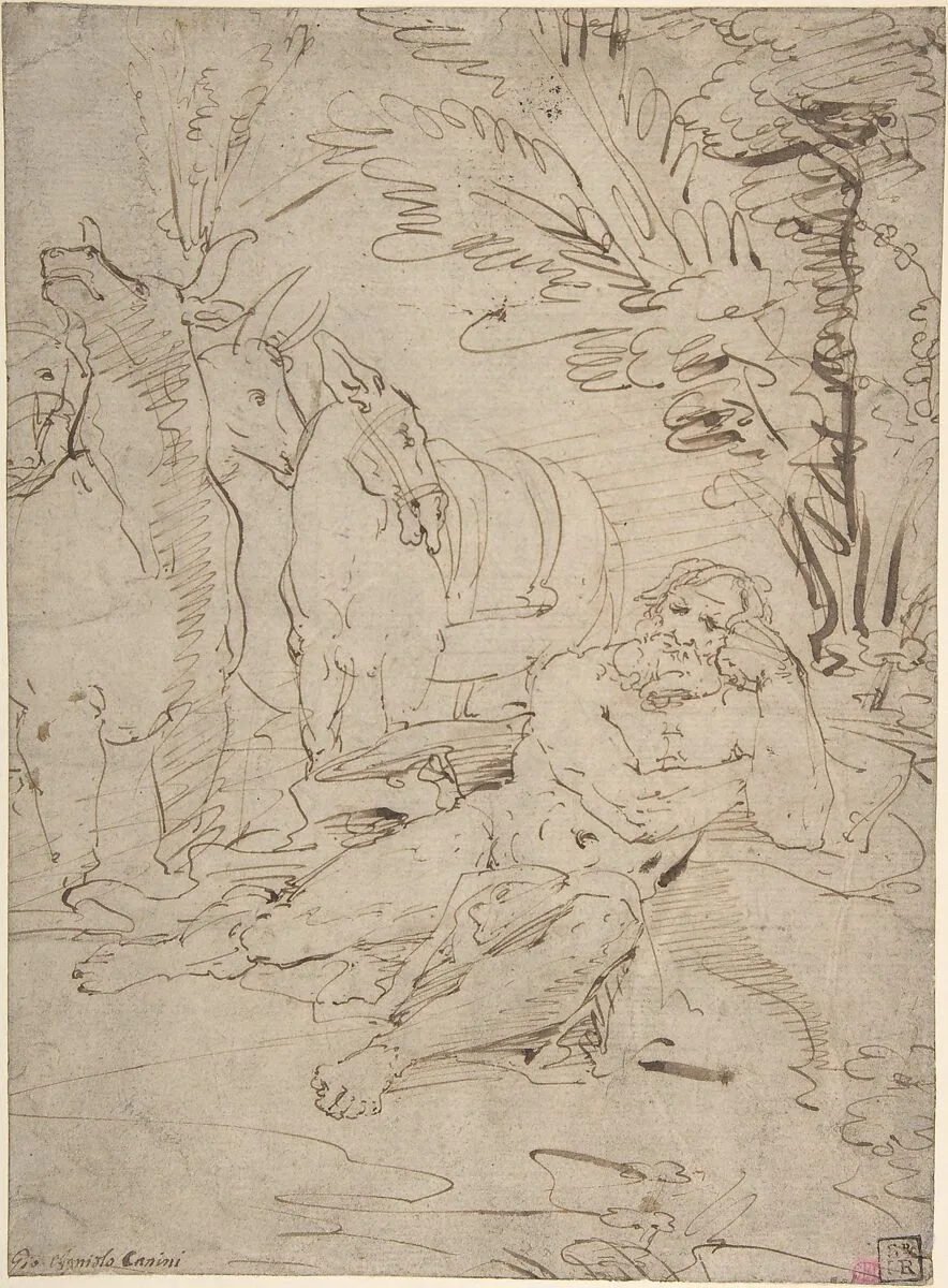 Unidentified Subject: Reclining Nude Male Figure and Cattle — Giovanni Angelo Canini