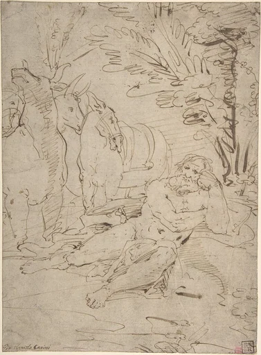 Unidentified Subject: Reclining Nude Male Figure and Cattle