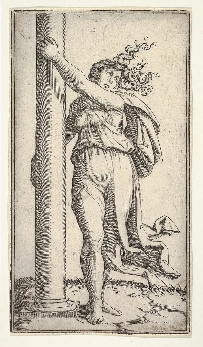 A young woman personifying Force or Strength holding a column — Marcantonio Raimondi