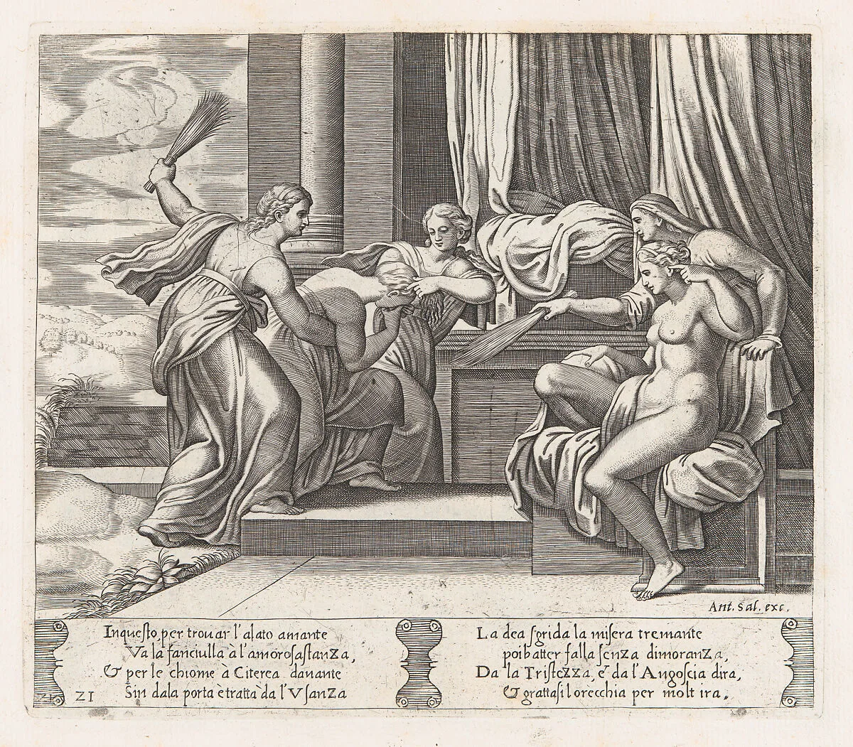 Plate 21: Female personifications of Sorrow and Pain at right punishing Psyche at the behest of Venus, who sits at right, from "The Story of Cupid and Psyche as told by Apuleius" — Antonio Salamanca|Master of the Die|Michiel Coxie (I)